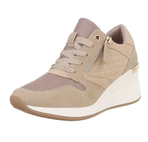 Ital-Design Damen Low-Top Freizeit Sneaker mit Keilabsatz - Stylische Wedge Sneakers in Beige für trendbewusste Frauen. Mit 7 cm Absatzhöhe und bequemer Schnürung bieten sie optimalen Tragekomfort für den Alltag.