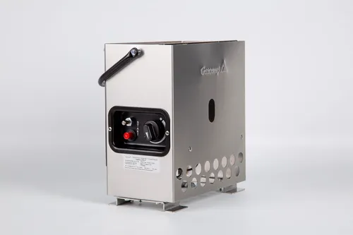 Gazcamp Heatbox 2000 Edelstahl Gasheizung - Heizgeräte für den Außenbereich mit regulierbarer Leistung bis 2,2 kW und Sicherheitsfunktionen wie Zündsicherung und Sauerstoffmangelsicherung.