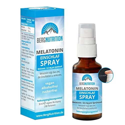 Berg Nutrition Melatonin Einschlaf-Spray - 30 ml veganes Mundspray, hochdosiert und 100% Vegan, mit 0,5 mg Melatonien und 0,5 mg Baldrian Extrakt pro Sprühstoß, alkoholfrei, Abfüllung in Deutschland