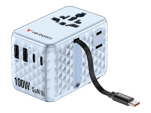 Verbatim Charge 'n' Travel - 100W GaN III Netzteil mit USB-C Kabel - Universelles Netzteil mit 5 Ausgängen für schnelles Laden. Ideal für unterwegs mit kompaktem Design und geprüfter Qualität.