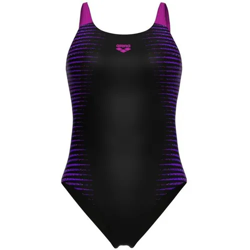 Arena W ARENA SIDE PLACEMENT SWIMSUIT U BACK B Damen-Badeanzug - Eleganter Badeanzug in schwarz-multi-fuchsia mit geometrischem Print. U-förmiger Rücken und verstellbare Träger für optimalen Komfort und eine betonte Silhouette.