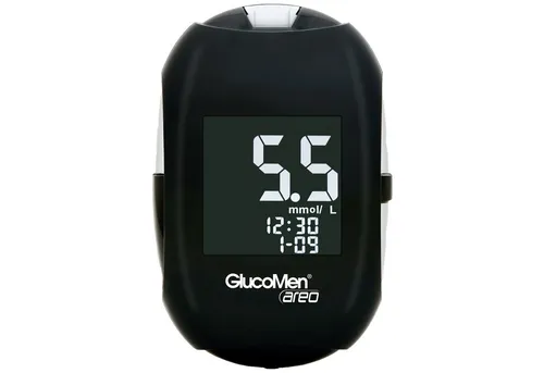 GlucoMen Blutzuckermessgerät areo Blutzucker mmol/l oder mg/dl, Spar-Set, Diabetestherapie Überwachung, Temperaturkompensation, Autocodierung, 700 Speicherplätze, Beleuchtetes Display, große Ziffern