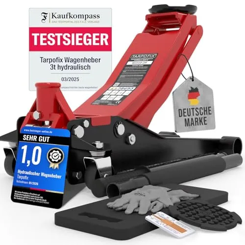 Tarpofix® Rangierwagenheber 3t hydraulisch | Premium Hydraulik Wagenheber für SUVs und tiefergelegte Autos - Wagenheber mit einer Tragkraft von 3t, ideal für vielseitige Anwendungen. Robuste Konstruktion und CE-zertifiziert für höchste Sicherheit. Inklusive Schutzhandschuhe und Reifenprofil-Tiefenmesser.