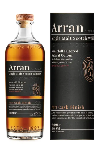 THE ARRAN Port Cask Finish 50% Vol - Neu Design - Single Malt Whisky aus Schottland, 50% Vol., mit einzigartigem Portwein-Finish für ein reichhaltiges Aroma und vollmundigen Geschmack.