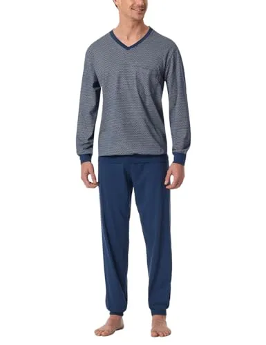 Schiesser Herren Schlafanzug lang mit Bündchen - Bequeme Nightwear Set Pyjamaset - Schlafanzug für Herren in stilvollem Blau, aus der "Comfort Essentials" Kollektion. Mit komfortablen Bündchen und einem gemusterten Oberteil für höchsten Tragekomfort.