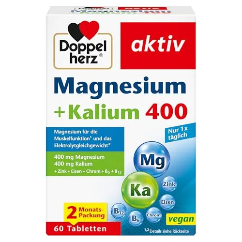 Doppelherz Magnesium + Kalium 400 Tabletten - Nahrungsergänzungsmittel mit Chrom, unterstützt Muskelregeneration und die gesunde Funktion des Nervensystems, ideal zur Vermeidung von Magnesiummangel.