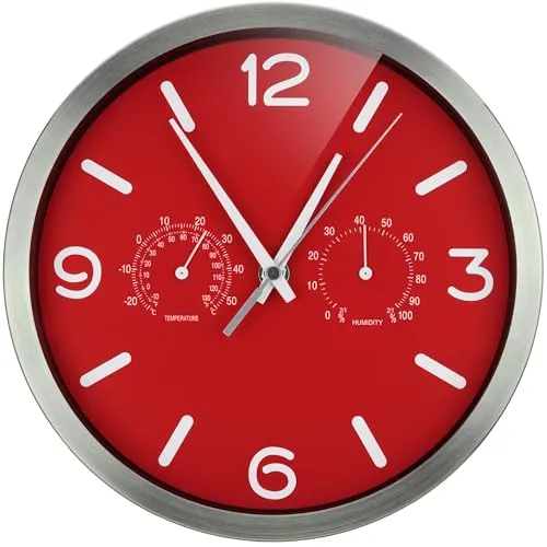 OPTUS MyTime ND DCF Wanduhr 25cm - rot - Wanduhren mit analoger Anzeige, inklusive Thermo- und Hygrometer, perfekt für präzise Zeit- und Temperaturmessung in jedem Raum.