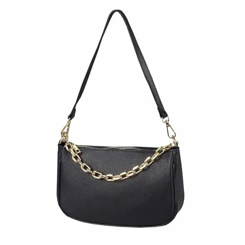 Made in Italy Damen Leder Tasche Pochette mit Kette - Stilvolle Umhängetasche - VIELSEITIGE HANDTASCHE: Edle Leder-Pochette aus Italien, ideal für verschiedene Anlässe. Praktische Trageoptionen dank abnehmbarer Gurte. Hochwertige Verarbeitung mit goldenen/silbernen Details. Ein elegantes Accessoire für Ihre Garderobe.