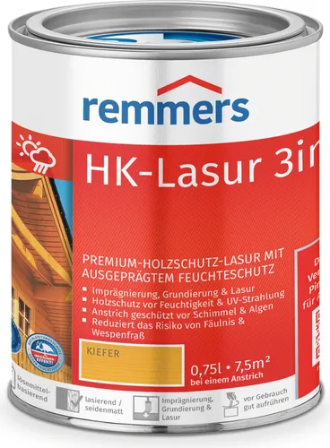 Remmers HK-Lasur 3in1 kiefer, 0,75 Liter - Beizen – Premium Holzlasur für außen, vereint Imprägnierung, Grundierung und Lasur in einem. Schützt effektiv vor Feuchtigkeit und UV-Strahlung.