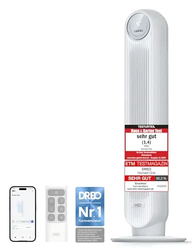Dreo Smart Turmventilator mit 20dB Geräuschpegel - Der Dreo Turmventilator bietet 4 Geschwindigkeitsstufen und 4 Modi für individuellen Komfort. Mit 90° Oszillation und leiser Betriebsweise ist er ideal für Schlafzimmer und sorgt für eine erfrischende Brise.