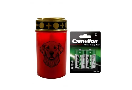 Fachhandel Plus Grabkerze LED Grablicht Hund Grablicht LED mit 2 LR14 Batterien Grabschmuck, Hunde Grabschmuck für ein würdiges Erinnerungslicht