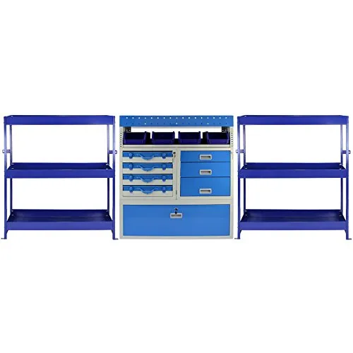 Monster Racking Universal Fahrzeugeinrichtung Stahl - Blau - Praktische Fahrzeugeinrichtung für Transporter, ideal für Handwerker. Schwerlastregale mit abschließbaren Schubladen und herausnehmbaren Kisten bieten Ordnung und Sicherheit für Werkzeuge.