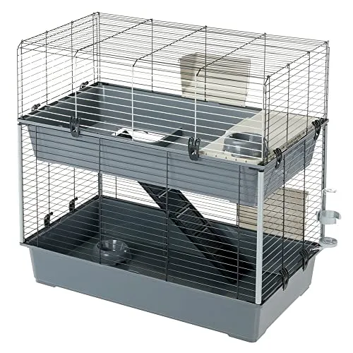 Ferplast Gabbia per conigli a due piani RABBIT 100 DOUBLE, Casetta per piccoli animali, Conigliera con Accessori inclusi, in Metallo verniciato Nero e plastica, 95 x 57 x h 93,5 cm