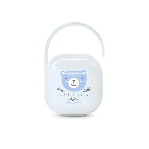 Suavinex, Schnullerbox für 2 Schnuller, hygienische Aufbewahrungstasche mit flexiblem Henkel für Kinderwagen oder Tasche, sicherer Verschluss, ab 0 Monate, Wild&Free-Kollektion, Blau