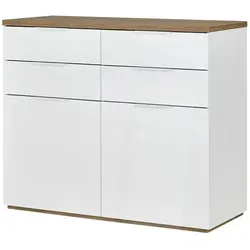 Kommode Siena - Weiße Hochglanz-Kommode mit Holzoptik - Kommode in strahlendem Weiß mit vier geräumigen Schubladen und sechs Fächern. Ideal für stilvolle Aufbewahrung. Hochwertige, kratzunempfindliche Oberflächen.