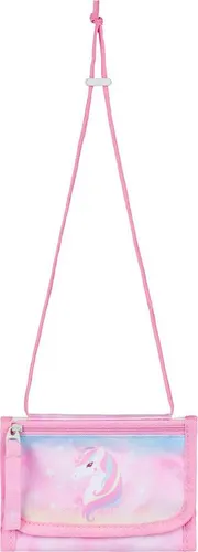 BAAGL Brustbeutel Rainbow Unicorn - Rosa - Strapazierfähiger Geldbeutel mit praktischer Kordel zum Umhängen. Ideal für Kinder, sicher verschließbar mit Klettverschluss und bietet ein zusätzliches Reißverschlussfach für Kleingeld.