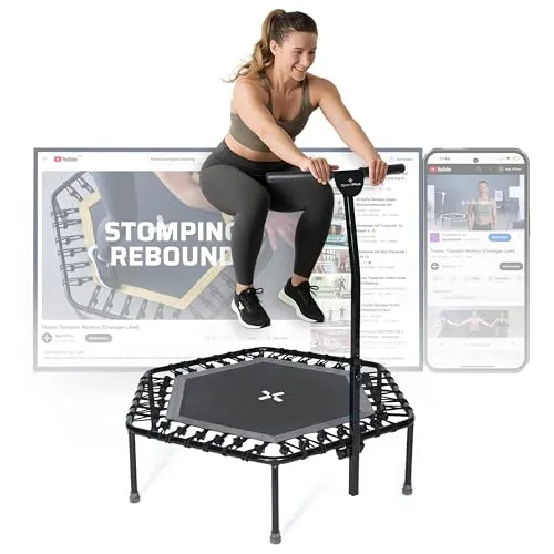 SportPlus Fitness Trampolin mit Haltestange, 5-fach höhenverstellbar - Trampolin für zuhause, gelenkschonende Gummiseilfederung, belastbar bis 130 kg, ideal für effektives Workout und Spaß in jedem Raum.