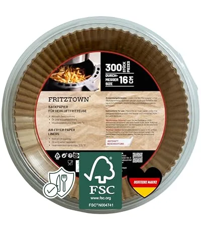 FRITZTOWN Backpapier für Heißluftfritteuse 1,2L-4,5L | 300 Blatt 16 cm Rund | Air Fryer Backpapier Pergamentpapier | Kompatibel mit Ninja COSORI Philips Cecotec Midea Russell XL XXL Airfryer