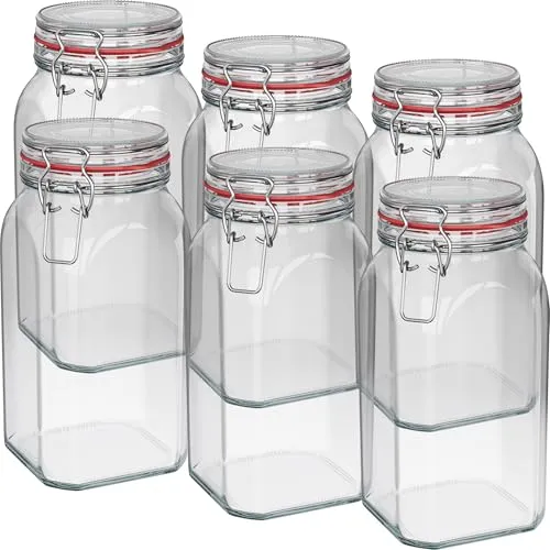 WELLGRO Einmachgläser mit Bügelverschluss eckig - 6 Stück (1540ml) - Einmachgläser für vielseitige Verwendung, luftdicht und frisch haltend. Ideal für Marmeladen, Müsli oder Kräuter. Hergestellt aus hochwertigem, geschmacksneutralem Glas, spülmaschinengeeignet und umweltfreundlich.