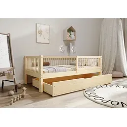 TIMBEE Alfi Box - Kinderbett 80x160 mit Schublade - Kleinkindbett aus unlackiertem Kiefernholz, belastbar bis 100 kg, mit abnehmbarem Rausfallschutz und sicherem Lattenrost für einen erholsamen Schlaf.