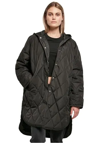 Urban Classics Damen Oversized Diamond Quilted Hooded Coat, Schwarz, XS EU - Funktionsjacke mit großer Kapuze und seitlichen Taschen, bietet optimalen Komfort und Stil für kalte Tage.