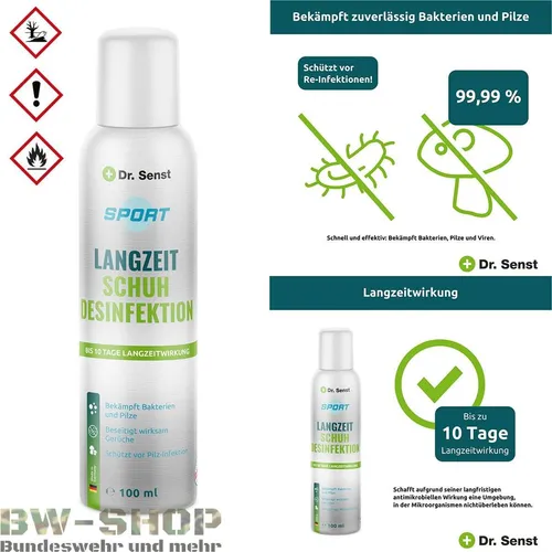 DR. SENST Langzeit Schuh Desinfektion Spray 100ml - Effektives Desinfektionsspray für Schuhe, ideal für Outdoor-Aktivitäten. Schützt vor unangenehmen Gerüchen und sorgt für frische Füße. Perfekt für Camper und Wanderer.