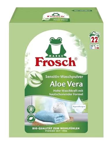 Frosch Waschmittel Aloe Vera Sensitiv Bio-Qualität 3,43kg - Ökologisches Universalwaschmittel für 52 Waschladungen, ideal für Bunt- und weiße Wäsche. Mit natürlichen Aloe Vera-Extrakten, hautfreundlich und biologisch abbaubar.