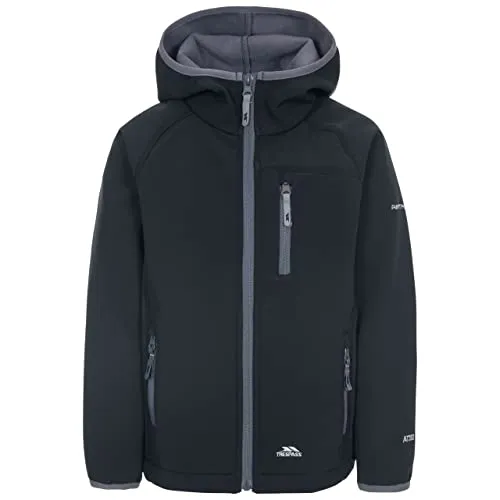 Trespass Funktionsjacke schwarz für Kinder 110/116 - Hochwertige Kinder-Regenjacke aus 94% Polyester und 6% Elasthan, perfekt für aktive Abenteuer bei jedem Wetter, Größe 110/116 - ca. 5-6 Jahre.