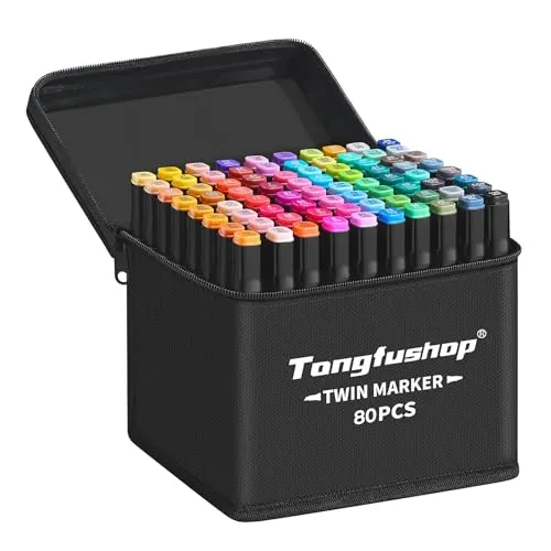 Tongfushop 80 Farben Alkohol Marker Set - 80 lebendige Farben mit Chisel- und Feinspitze für kreative Projekte. Schnelltrocknend, wasserfest und ideal für Künstler, Designer und Manga-Liebhaber.