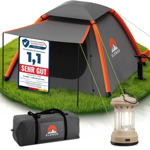 ELONEO Grau Aufblasbares Zelt mit Vordach & Luftpumpe - Camping-Zelt, wasserdicht und ultraleicht, in nur 30 Sekunden aufgebaut für unvergessliche Nächte unter dem Sternenhimmel.