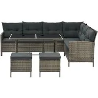 Juskys Polyrattan Lounge Manacor - Wetterfeste Gartenmöbel für bis zu 7 Personen - Gartenmöbel Set mit großem Ecksofa, Esstisch und Hockern; robust und witterungsbeständig für gemütliche Stunden im Freien.