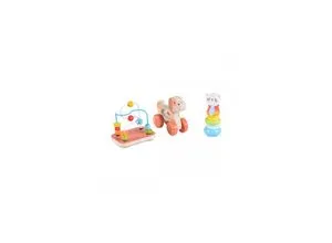 Moni Holzspielzeug-Set 2203 - 9-tlg, Motorikschleife, Nachziehtier, Stapelspiel - Tagescremes - Dieses 9-teilige Holzspielzeug-Set fördert die Motorik und Kreativität von Kindern ab 18 Monaten. Ideal für endlosen Spielspaß und Lernen!