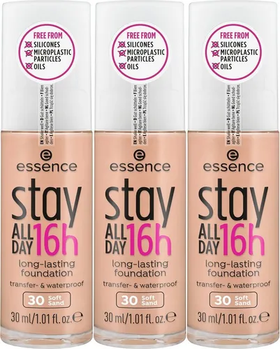 Essence Foundation stay ALL DAY 16h long-lasting - Die überarbeitete STAY ALL DAY 16H FOUNDATION bietet eine super softe Textur und mittlere bis hohe Deckkraft. Im hochwertigen Glasflakon sorgt sie bis zu 16 Stunden für ein ebenmäßiges Hautbild und ist water- und transferproof.