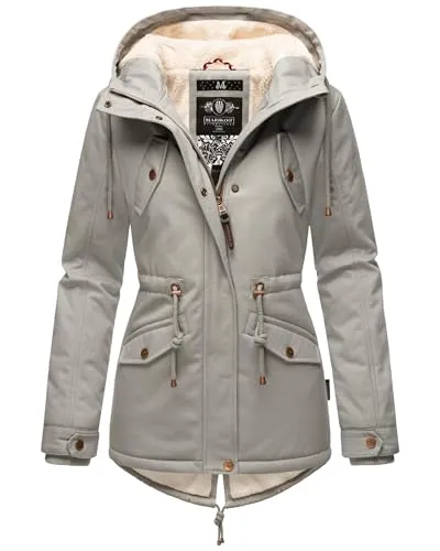 MARIKOO Damen Winterjacke Manolya Grey Gr. S - Funktionsjacke aus Baumwolle mit kuscheligem Teddyfell-Futter und modischen Details - perfekt für kalte Wintertage.