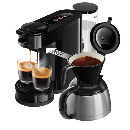 Philips Senseo Switch - 2-in-1 Pad- und Filterkaffeemaschine, 1-Liter-Wasserbehälter für bis zu 7 Tassen, mit köstlicher Crema und Edelstahl-Thermo-Kanne