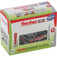 fischer DuoPower 5x25 S 2K Dübel mit Schrauben, 50 St. - Schrauben, Nägel, Dübel - Vielseitige Befestigungslösung für verschiedene Baustoffe mit extra Dübelkragen für sicheren Halt.