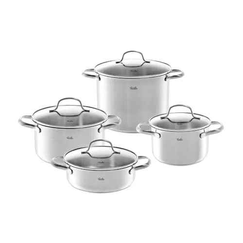 Fissler San Francisco Edelstahl-Topfset, 4-teilig - Kochtöpfe aus hochwertigem 18/10 Edelstahl mit integrierter Mess-Skala, ideal für alle Herdarten, inklusive breitem Schüttrand für tropffreies Ausgießen.