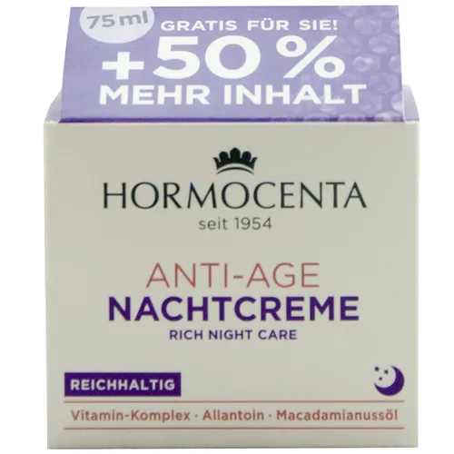 Hormocenta ANTI-AGE NACHTCREME 75 ml - Reichhaltige Feuchtigkeit für die Nacht - Nachtpflege für Damen, fördert die Hautregeneration mit Vitamin-Komplex und Macadamianussöl für ein strahlendes Hautbild.