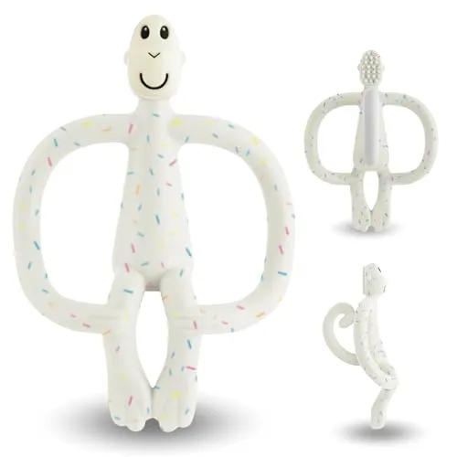 Matchstick Monkey Original Beißring & Gel-Applikator – Silikon-Baby-Beißring, leicht zu greifen, BPA-frei, unterstützt Selbstberuhigung & frühes Zähneputzen, ab 3 Monaten, 10 cm, Konfetti-Creme