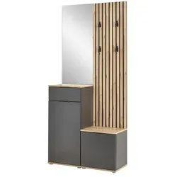 Kompaktgarderobe HBZ "Simple mit Spiegel" - Drohnen - Kompakte Flurgarderobe mit Spiegel, ideal für kleine Eingänge. Besteht aus 4 Teilen, inklusive Bank und Schuhkommode, in elegantem Anthrazit.