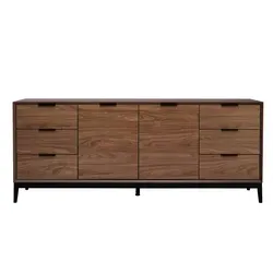 Vintage Sideboard SARTO aus dunklem Walnussfurnier mit Metallakzenten B180 cm - Das SARTO Sideboard vereint stilvolles Design mit praktischer Funktionalität. Mit 4 Nischen und 6 Schubladen bietet es viel Stauraum und setzt durch seine Kombination aus Walnussfurnier und schwarzen Metallakzenten elegante Akzente in Ihrem Wohnraum.
