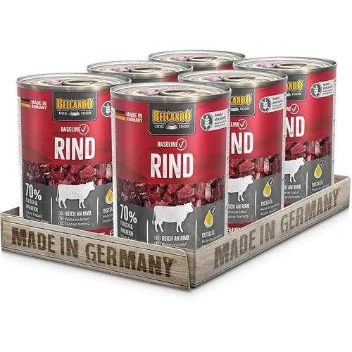 BELCANDO Baseline Nassfutter für Hunde, Rind, 6X 400g Dose, 70% Fleisch für ausgewachsene Hunde, Hundefutter nass ohne Getreide, Made in Germany