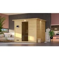 Karibu Sauna Sarina mit externem Ofen und LED-Dachkranz - Hochwertige Massivholzsauna mit 3 flexiblen Liegen und 4 Sichtseiten aus nordischer Fichte. Genießen Sie Ihre persönliche Wellness-Oase für zu Hause und erleben Sie den natürlichen Duft von Holz.