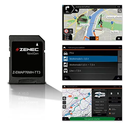 ZENEC Z-EMAP76MH-TT3 – Micro SDHC-Karte mit Reisemobil Navigation - GPS Software für ZENEC Infotainer mit 3-D Karten für Europa, inklusive über 6,5 Mio. Camping P.O.I. und kostenfreien Kartenupdates für 3 Jahre.