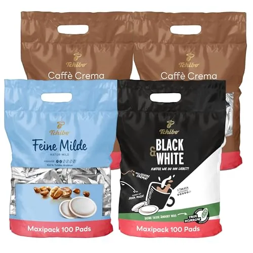 Tchibo Kaffeepads Probierset Vorratspack Maxipack, Feine Milde (1x), Caffè Crema vollmundig (2x) & BLACK&WHITE (1x), 400 Stück - 4x 100 Pads, nachhaltig, geeignet für Senseo Maschinen