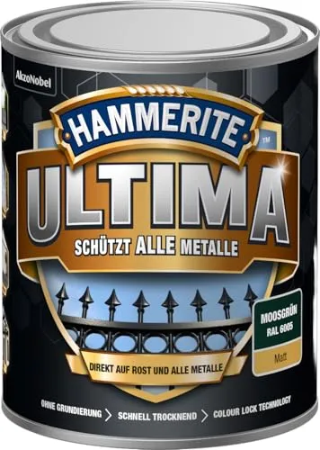 Hammerite Ultima Matt Metallschutzlack, Moosgrün RAL6005, 750 ml - Hochwertiger Metallschutzlack für den Außenbereich. Direkt auf Rost streichbar und kombiniert Rostschutz, Grundierung und Lack in einem Produkt.