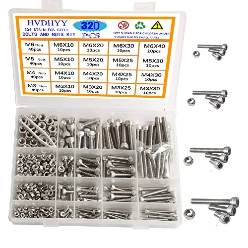 HVDHYY M3 M4 M5 M6 Zylinderschrauben mit Innensechskant Schrauben set A2-70 Edelstahl-Sechskopf Maschinenschrauben,Muttern,Sortiment Kit Hex Socket Button mit Aufbewahrungsbox 320pcs