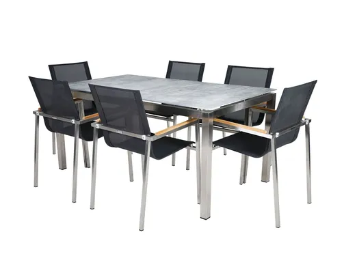 Edelstahl Dining Set Sydney 7-teilig - Silber/Grau - Gartenmöbel Set mit 1 Tisch in Stein-Optik und 6 stapelbaren Sessel für platzsparende Aufbewahrung. Ideal für gesellige Runden im Freien.