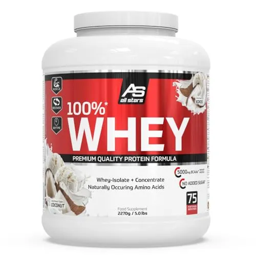 All Stars 100% WHEY PROTEIN 2270g – Eiweiß-Pulver mit Coconut-Flavour - HOCHWERTIGES PROTEIN - Kombination aus Whey-Protein-Konzentrat und Isolat für schnelle Proteinaufnahme. Ideal als Zwischenmahlzeit oder nach dem Training. Geringer Kaloriengehalt für vielfältige Diäten.