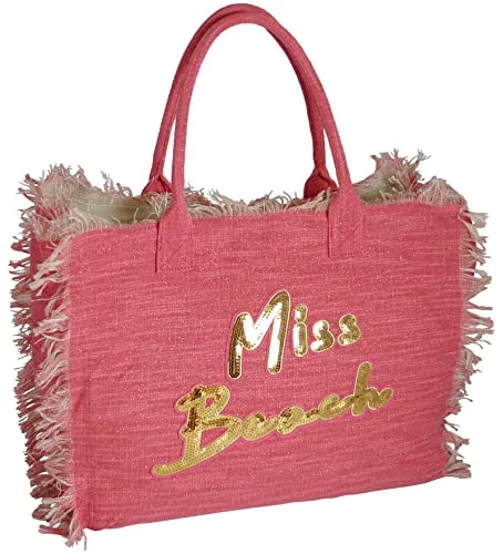 Miss Beach - Glitzer Badetasche mit Reißverschluss - Moderne Shopper Strandtasche aus robustem Canvas mit 29 Litern Volumen. Inklusive kleiner Clutch für Wertsachen. Ideal für Strand, Sport oder Einkauf. Stilvolles Design mit Pailletten und goldenen Glitzer-Partikeln.
